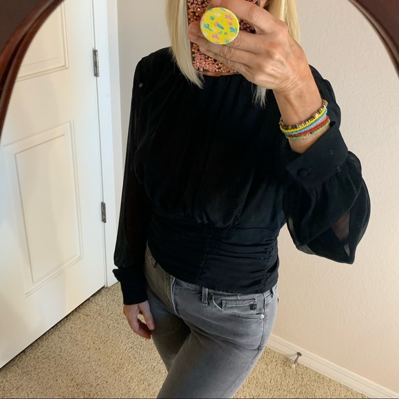 Gabrielle Union New York & Company Ruched Waistband Black Blouse - Picture 2 of 13